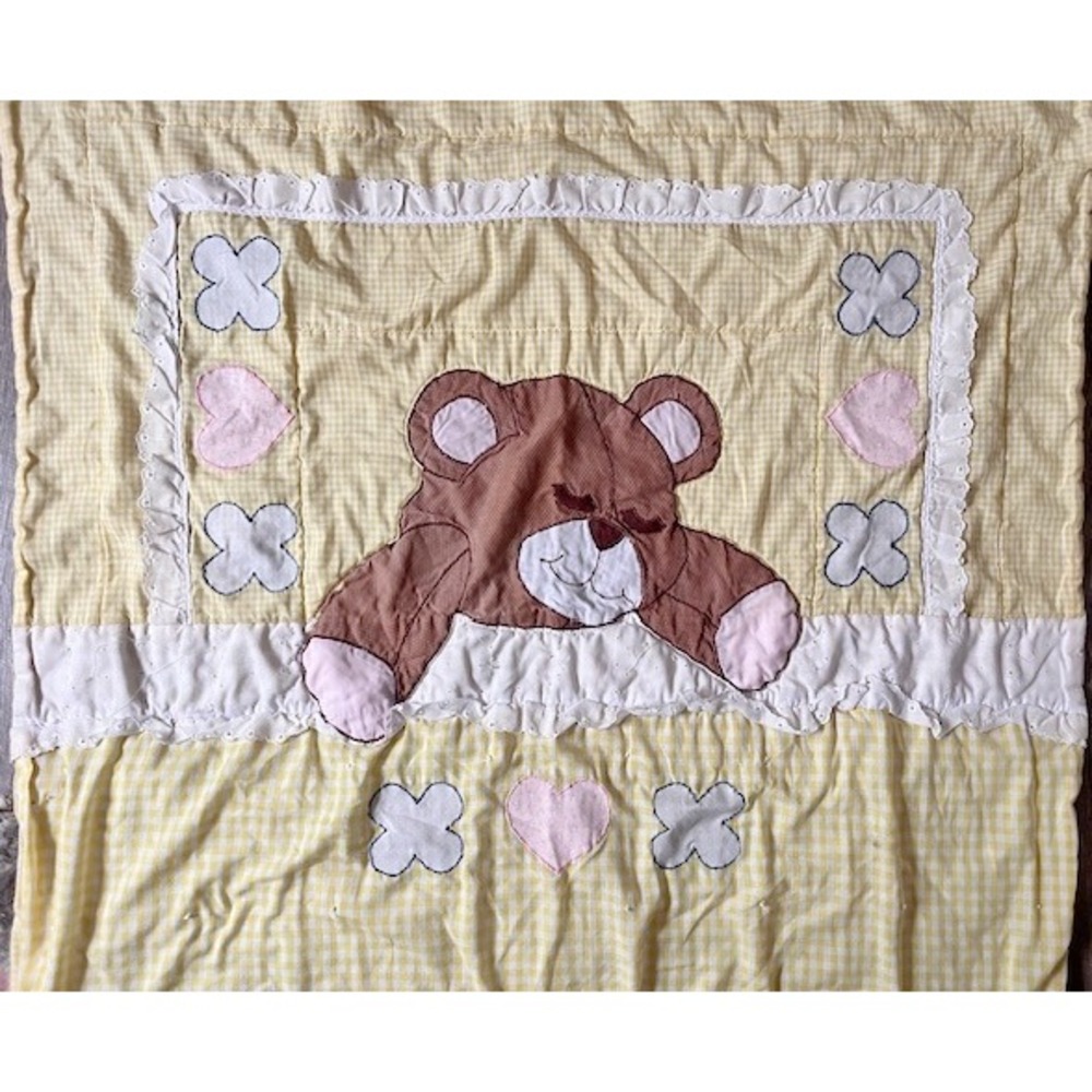 Vintage Teddy Bear sleeping yellow gingham blanket - Picture 2 of 4